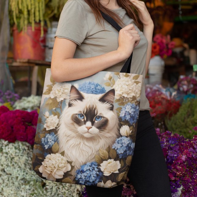 Bolso De Tela Gato De Ragdoll Con Flores De Hidrangea Azul (Subido por el creador)
