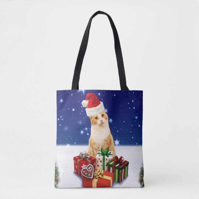 Bolso De Tela Gato de Santa Claus con regalo de Navidades (Anverso)