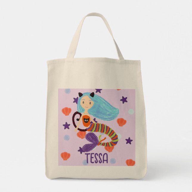 Bolso De Tela Gato de sirena de Halloween Pastel personalizado (Reverso)