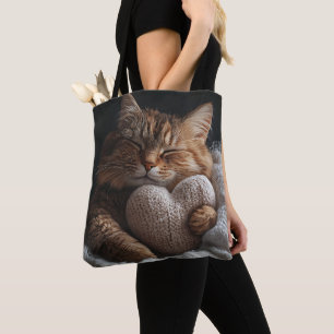 BOLSO DE TELA GATO DE TABBY MARRÓN DURMIENDO CON COLOR EN FORMA 