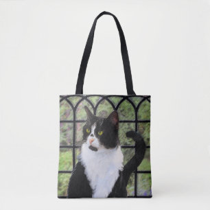 Bolso De Tela Gato de Tuxedo en la ventana Pintura de arte anima