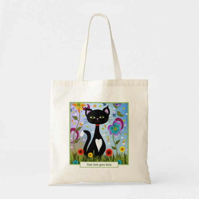 Bolso De Tela Gato De Tuxedo Sentado En Un Jardín Personalizado (Frente)