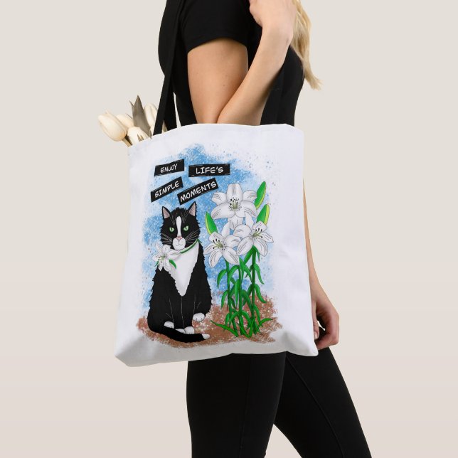 Bolso De Tela Gato de Tuxedo y Lilies | Oferta Inspiradora (Detalle)