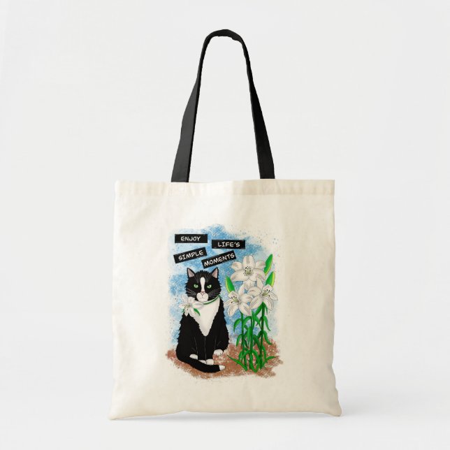Bolso De Tela Gato de Tuxedo y Lilies | Oferta Inspiradora (Frente)