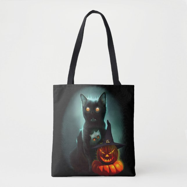 Bolso De Tela Gato de vampiros y mago calabaza Halloween Surreal (Anverso)