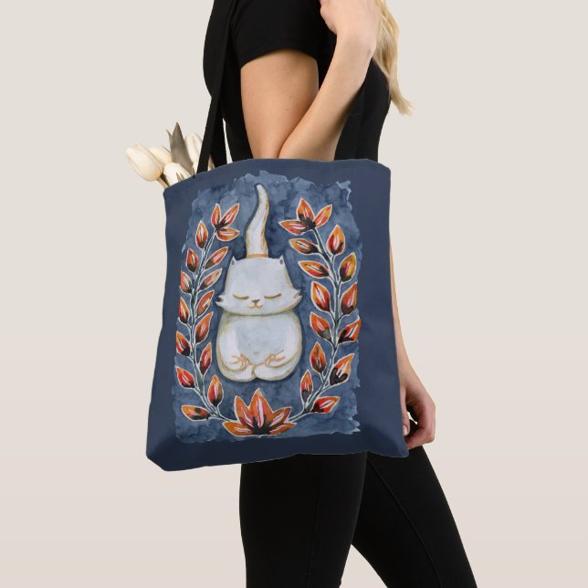 Bolso De Tela Gato de yoga en Tote azul (Detalle)