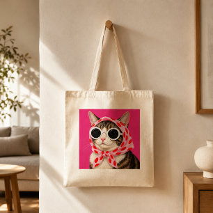 Bolso De Tela Gato Divertido con Gafas de Sol y Pañuelo