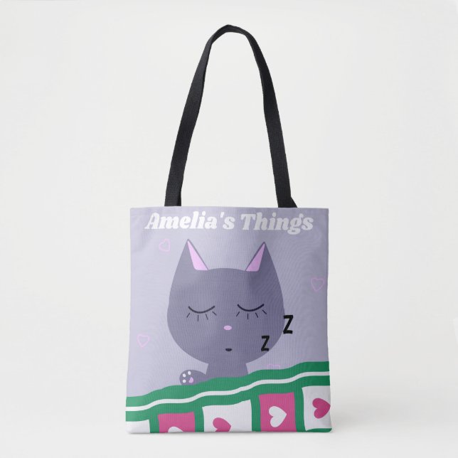 Bolso De Tela Gato durmiente en la cama personalizado (Anverso)