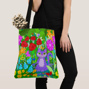 Bolso De Tela Gato en el jardín Flores de fantasía mariposas l