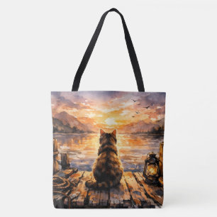 Bolso De Tela Gato en el muelle al atardecer