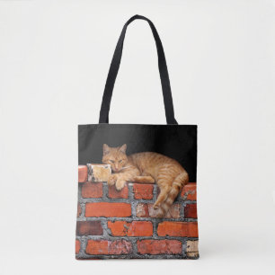 Bolso De Tela Gato en la pared de ladrillo