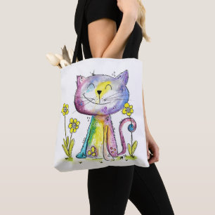 Bolso De Tela Gato feliz y caprichoso con flor amarilla