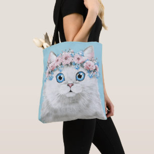 Bolso De Tela Gato floral blanco dulce