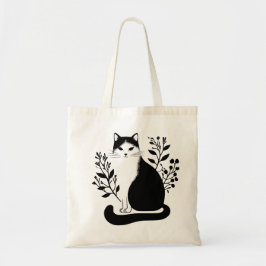 Bolso De Tela Gato floral blanco y negro