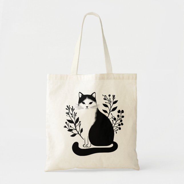 Bolso De Tela Gato floral blanco y negro (Frente)