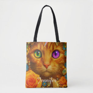 Bolso De Tela Gato Floral Soñador Místico de Ojos de Arcoíris