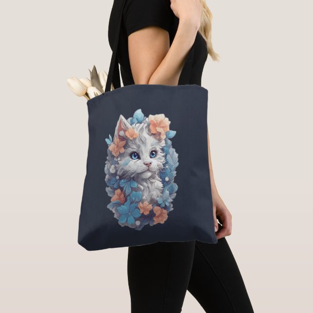 Bolso De Tela Gato gatito gatito blanco floral (Detalle)