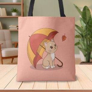 Bolso De Tela Gato gatito lindo Rojo Amarillo Paraguas Caída Ros