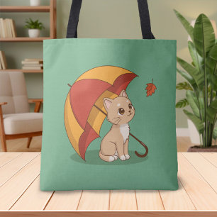 Bolso De Tela Gato gatito lindo Rojo Amarillo Paraguas Caída Ver