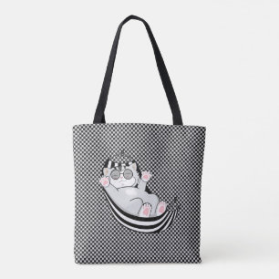 Bolso De Tela Gato gatito sobre patrón de ajedrez en blanco y ne