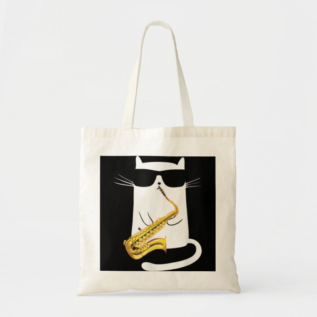 Bolso De Tela Gato gracioso con gafas de sol jugando saxofón (Frente)
