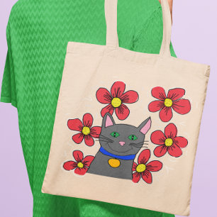 Bolso De Tela Gato gris con flores personalizadas con su propio 