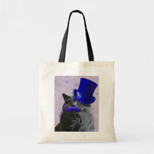 Bolso De Tela Gato gris con sombrero azul superior y bigote