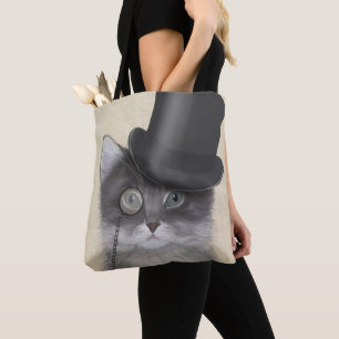 Bolso De Tela Gato gris con sombrero superior