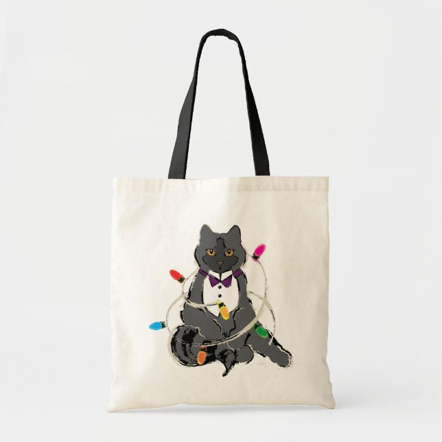 Bolso De Tela Gato gris envuelto en Navidades LIghts (Frente)