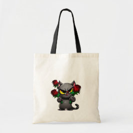 Bolso De Tela Gato gris negro malvado sostiene Guay de rosas roj