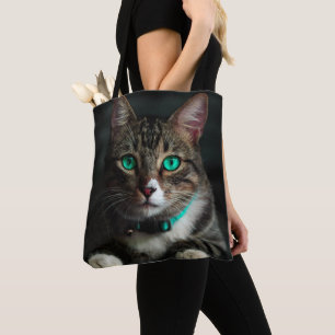 Bolso De Tela Gato gris y blanco con ojos azules y cuello coinci