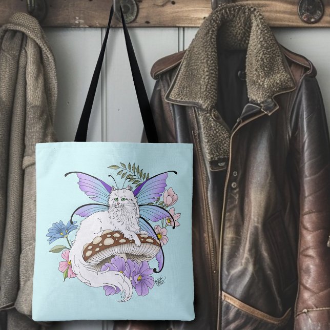 Bolso De Tela Gato Hada Caprichoso Blanco Hongo Azul Fantasía (Subido por el creador)