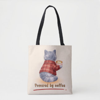 Bolso De Tela Gato "Impulsado por Café" sosteniendo una taza de