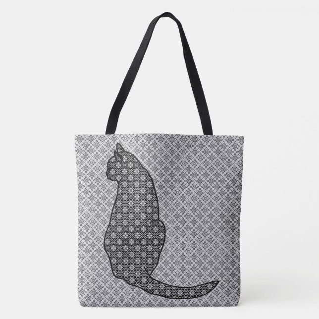 Bolso De Tela Gato japonés - Impresión de kimono negro y blanco (Anverso)