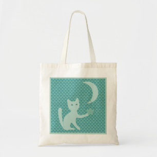 Bolso De Tela Gato jugando con la luna y las estrellas Verde azu
