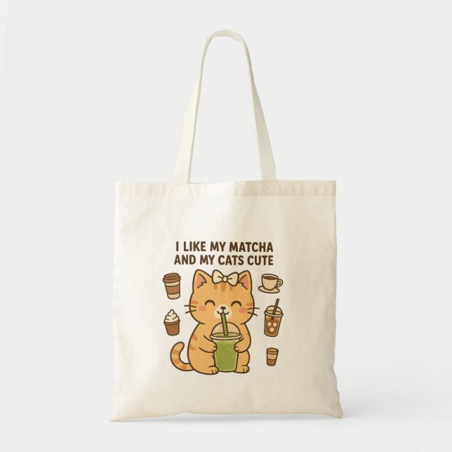 Bolso De Tela Gato kawaii lindo con té verde matcha (Frente)