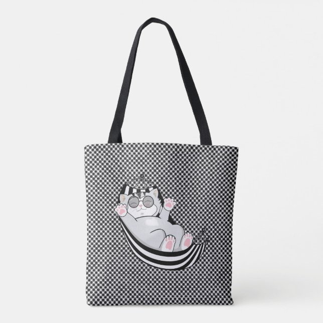 Bolso De Tela Gato Kitty con un patrón de ajedrez en blanco y ne (Reverso)