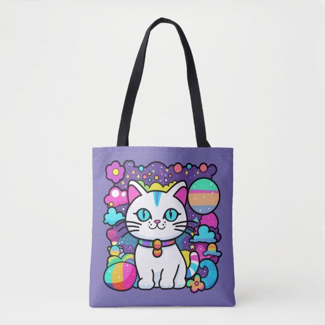 Bolso De Tela Gato Kitty Cósmico Blanco Lindo (Anverso)