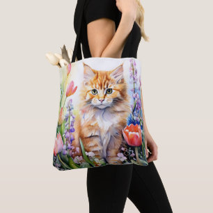 Bolso De Tela Gato Kitty Naranja Acuarela En Jardín De Flores