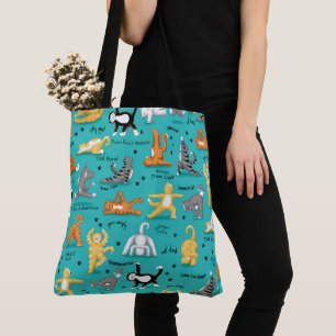 Bolso De Tela Gato Kitty Yoga Poses Amarillo Azul Turquesa