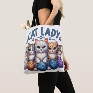 BOLSO DE TELA GATO LADY CON KITTENS Y BALLAS DE YARN