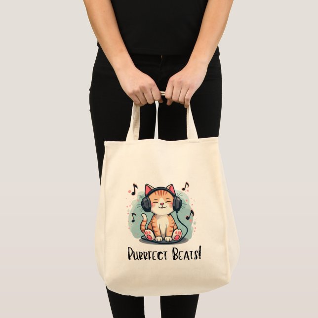 Bolso De Tela Gato lindo con audífonos Kawaii Music Lover Art (Anverso (producto))