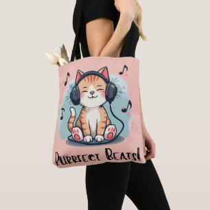 Bolso De Tela Gato lindo con audífonos Kawaii Music Lover Art
