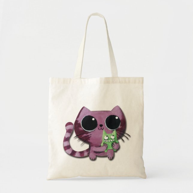 Bolso De Tela Gato lindo del gatito con el pequeño monstruo (Frente)