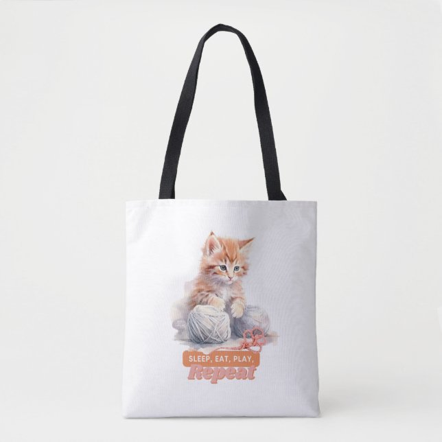 Bolso De Tela Gato lindo "Dormir, comer, jugar, repetir" (Anverso)