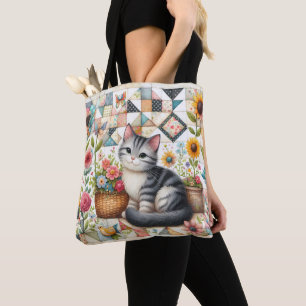 Bolso De Tela Gato lindo en el arte de Cottagecore de la flor