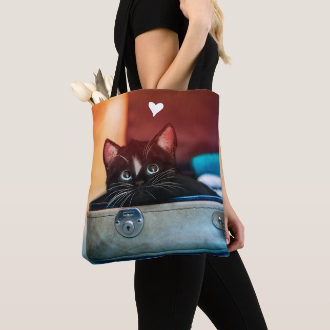 Bolso De Tela Gato lindo en maleta con el corazón - (Detalle)