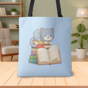 Bolso De Tela Gato lindo encima de una pila de libros azul