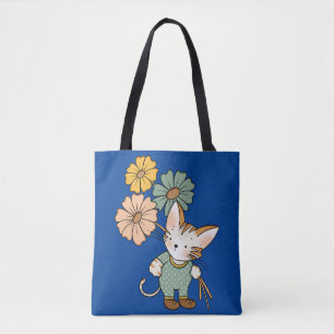 Bolso De Tela Gato lindo sosteniendo flores