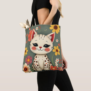 Bolso De Tela Gato Manchado Feliz con Flores